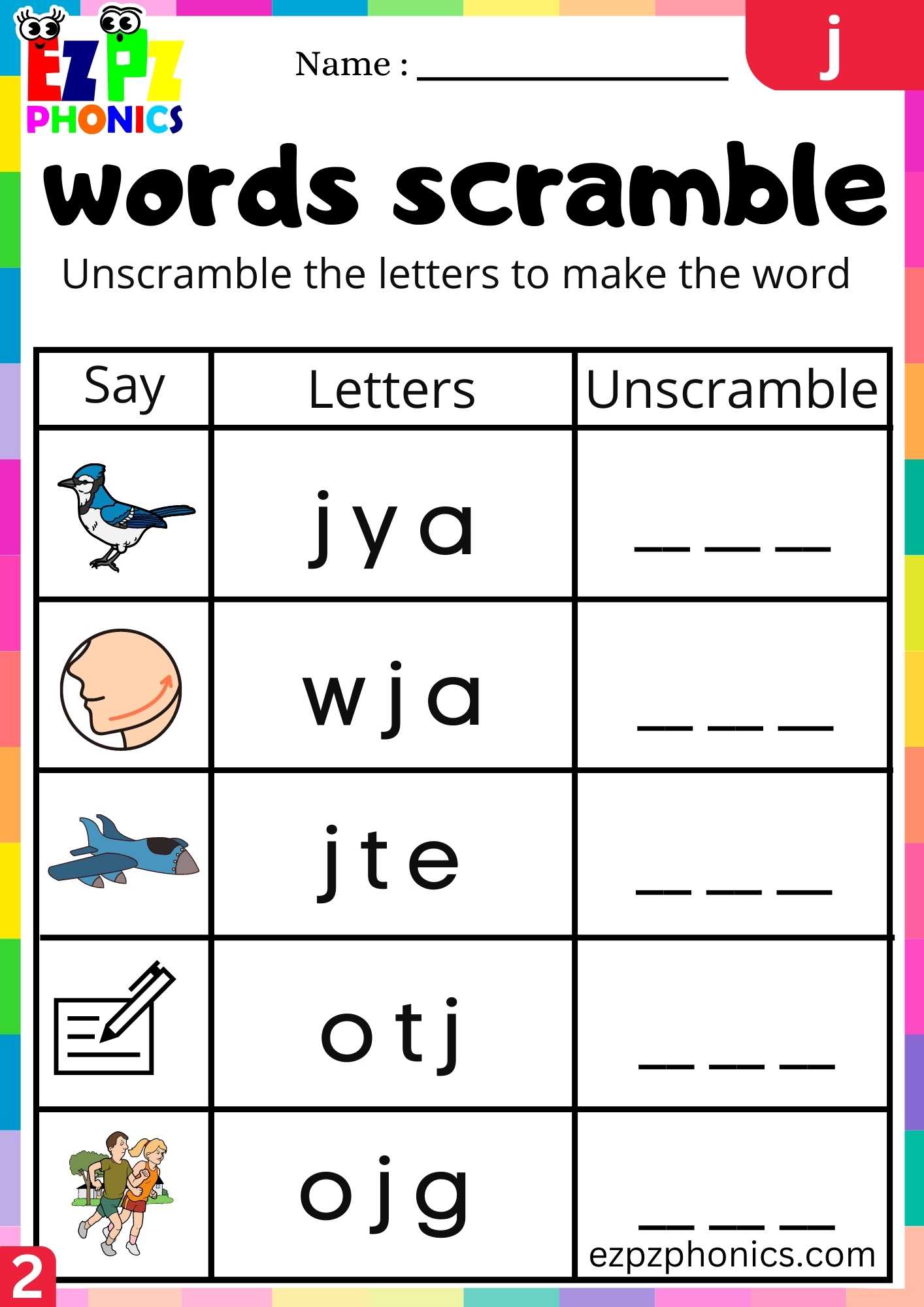 Group2 Letter J Words Scramble Beginning Sounds Worksheet